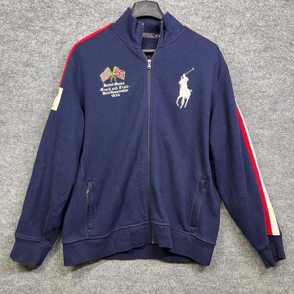 Polo Ralph Lauren Track Jacket Mens XL Navy Good Big Pony USA Striped Sleeve